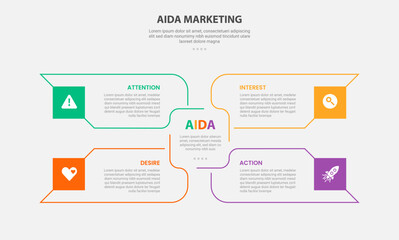 AIDA marketing infographic outline style with 4 point template with big rectangle arrow container spreading center for slide presentation
