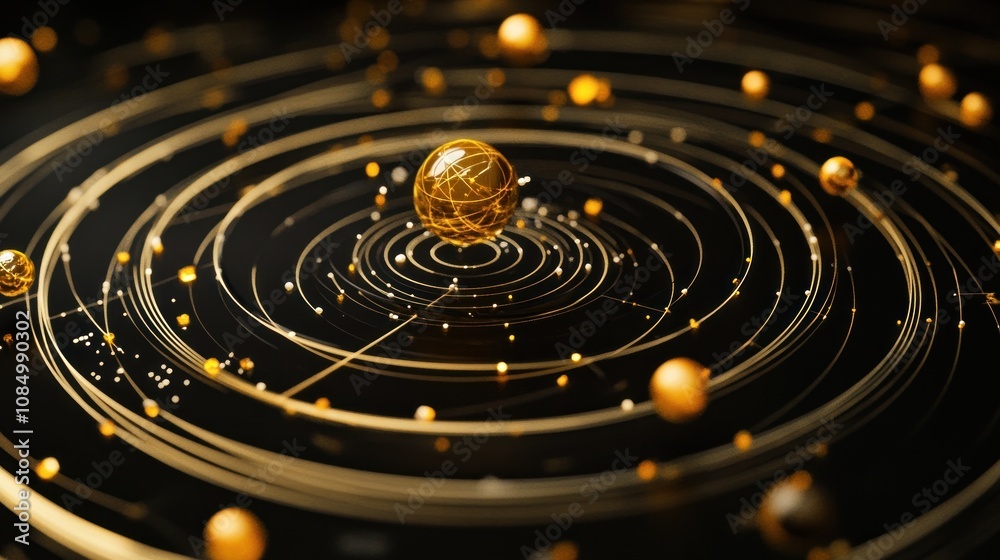 Poster Abstract circular pattern with a golden sphere in the center and smaller spheres orbiting around it.
