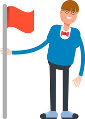 Boy with Bowtie Suit Character Holding Flag
