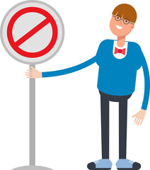 Boy with Bowtie Suit Character and Prohibition Signage
