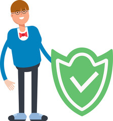 Boy with Bowtie Suit Character and Check Mark Shield
