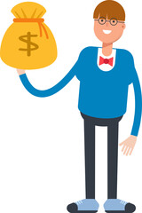 Boy with Bowtie Suit Character Holding Dollar Sack
