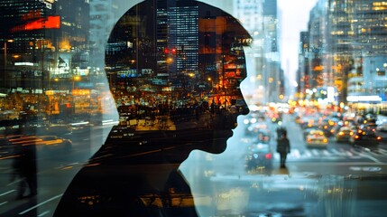 Fototapeta premium 22. A business leader is face with a double exposure of city streets, traffic, and a fast-paced economy