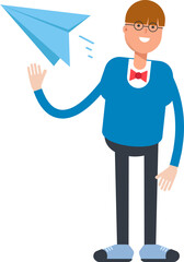 Boy with Bowtie Suit Character Holding Paper Plane

