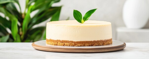 Frugality minimalism choices type. Delicious cheesecake adorned with a fresh green leaf garnish.