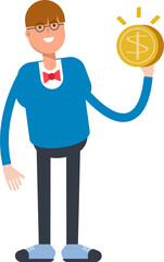 Boy with Bowtie Suit Character Holding Dollar Coin
