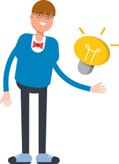 Boy with Bowtie Suit Character and Light Bulb
