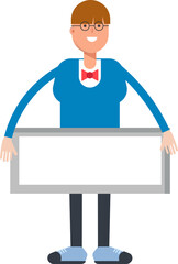 Boy with Bowtie Suit Character and Blank Signage
