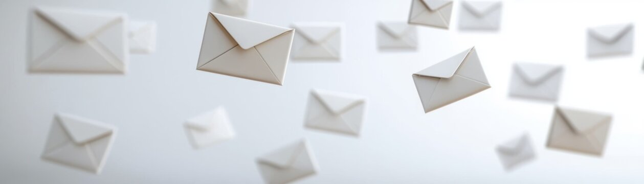 A dynamic scene featuring floating white envelopes, symbolizing communication, messages, and the digital age, ecommerce marketing emails