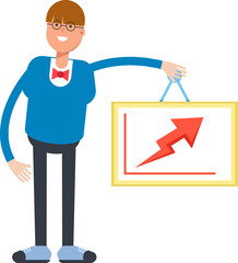 Boy with Bowtie Suit Character Holding Arrow Chart
