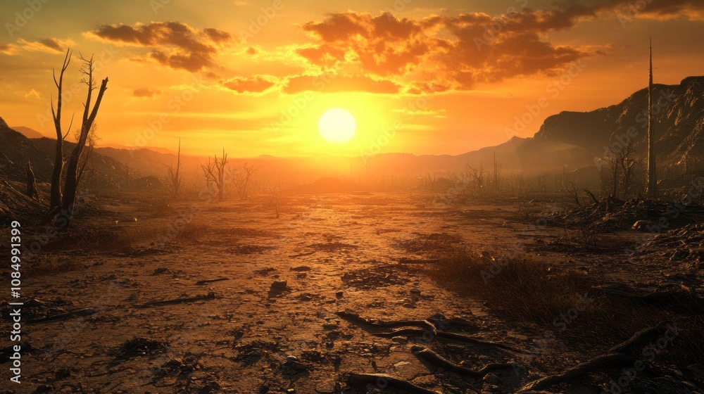 Poster a desolate desert landscape with a sun setting in the background