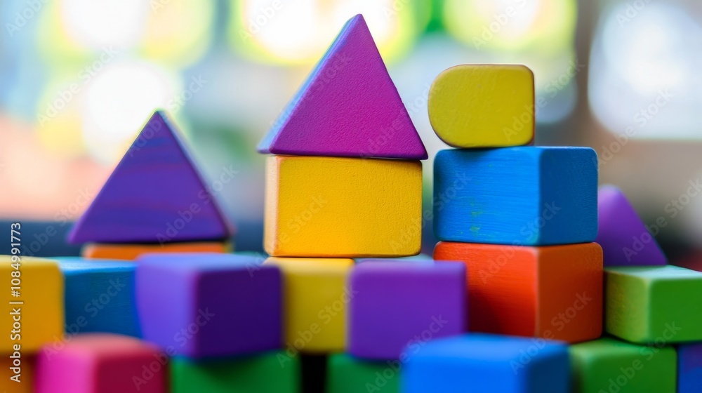 Poster a serene block-building scene with colorful bricks arranged creatively, playful construction style, 