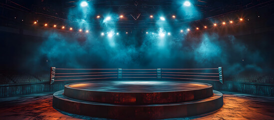 Arena Ring Boxing box sport fight rope night spotlight spotlit view post shot studio match top 1 dark stage wrestling dramatic amphitheatre professional platform empty competition stadium AI generated