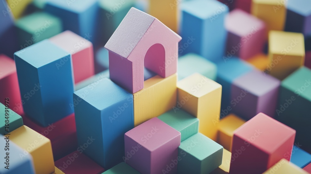 Poster A serene block-building scene with meticulously arranged colorful blocks, Playful construction style, photo of