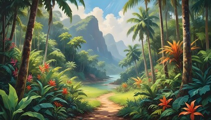 Tropical exotic pattern with animal and flowers in bright colors and lush vegetationn