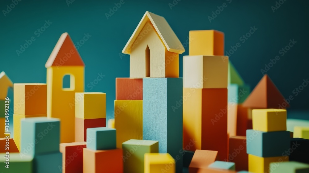 Poster a serene block-building scene with meticulously arranged colorful blocks, playful construction style