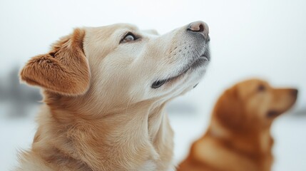 Two golden retrievers looking up in the snow.