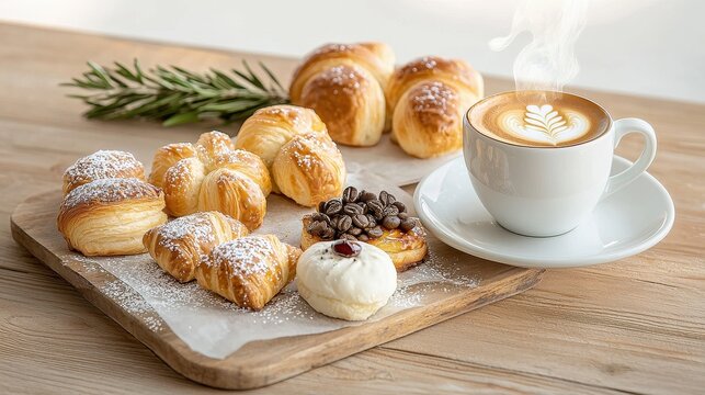 Freshly Baked Pastries with Coffee and Decorative Latte Art on Wooden Board Surrounded by Herbs for Morning Indulgence