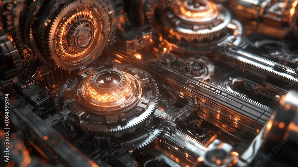 Poster closeup of intricate metallic gears and mechanisms with glowing orange lights.