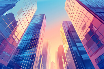 Fototapeta premium A vibrant cityscape with tall buildings reflecting colorful light at sunset.