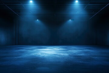 A large, empty dark room with a blue and white neon light floor and background.