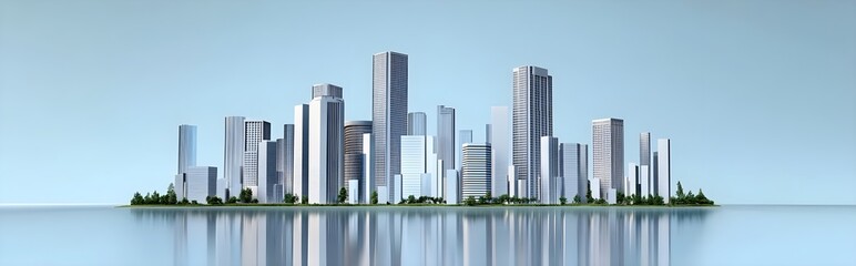 Fototapeta premium Serene Modern City Skyline Rendered on a Calm Blue Background, Featuring Sleek Tall Buildings Reflecting Light and Enhancing the Urban Landscape Aesthetic