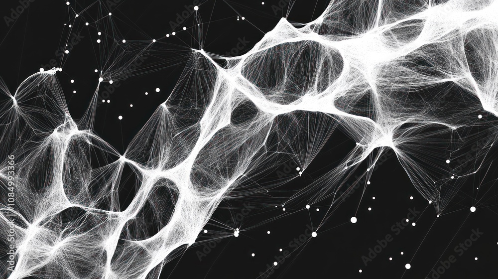 Poster Abstract white mesh network on a black background with dots and lines.