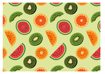 Mix fruit AOP basic watermelon, orange & kiwi. fruits all over repeat pattern wallpaper. in vibrant colors