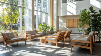 Airy Scandinavian-inspired space with wooden lounge chairs, large windows, and natural light creating a serene atmosphere