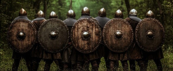 Fototapeta premium Photo of medieval soldiers in battle formation, each holding up their shiny metallic round shields with no holes on the front facing forward towards the camera, dark forest background, action shot