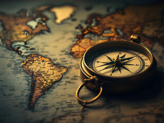 A close-up image of a vintage compass lying on a detailed world map. Focus on the compass needle pointing north, symbolizing the direction.