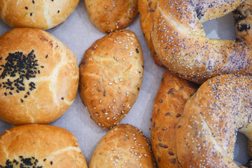 A Variety of Assorted Bakery Breads That Includes Delicious Bagels and Fresh Rolls