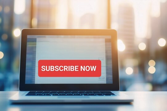 Red Subscribe Now Button on Laptop Screen with Blurred City Background and Warm Lighting for Online Engagement and Marketing Concepts