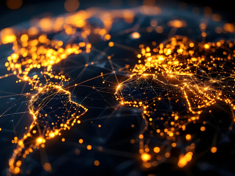 Close-up of an open world map with abstract, glowing digital lines indicating popular global travel routes. Hint of the natural world map colors but largely monochromatic.