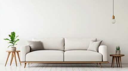 Modern Scandinavian living room with a sleek sofa, wood accents, and a bright, minimalist design