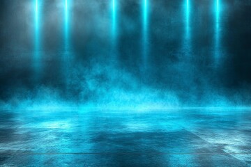 A large, empty dark room with a blue and white neon light floor and background.