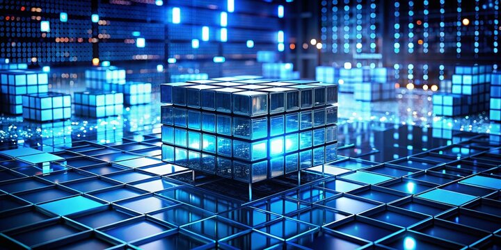 Abstract Landscape of a Dark Blue Cube Array Representing Layered Databases for Tech Architecture Summits, Data Management Conferences, and Database Events