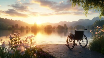 Fototapeta premium Serene Wheelchair by Tranquil Pond at Sunset