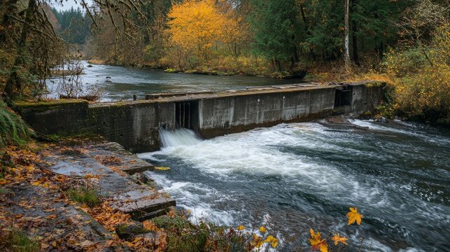 23.The broken remains of a concrete dam sit in the foreground as a river surges through the newly restored waterway. Salmon leap from the water, a powerful symbol of river restoration and the