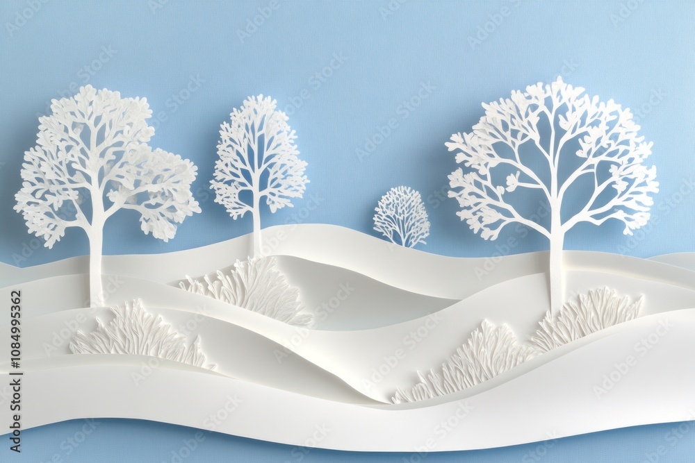 Poster paper cut out design of trees and hills on a blue background.