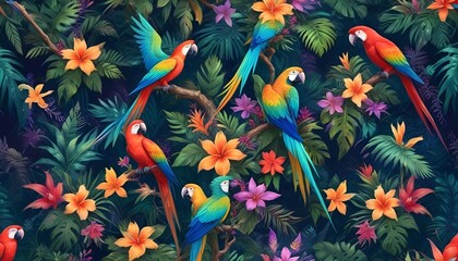 Tropical exotic pattern with animal and flowers in bright colors and lush vegetationn