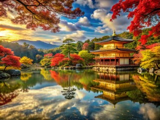 Fototapeta premium Abstract Vintage Japanese Landscape Painting Reflecting the Passage of Time, Age, and Eras with Lacquer on Gold Leaf, Evoking Serenity and Nostalgia in Nature's Beauty