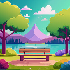 Park bench and lake landscape background. Vector illustration in cartoon style.