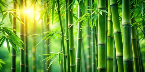 A vibrant tapestry of emerald green bamboo stalks, bathed in the warm glow of the sun, creating a serene and peaceful atmosphere.