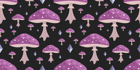 Magic pink mushrooms and spiritual crystals on black background. Cute surreal illustration with mystical elements in vector flat style. For prints, cards, decor.