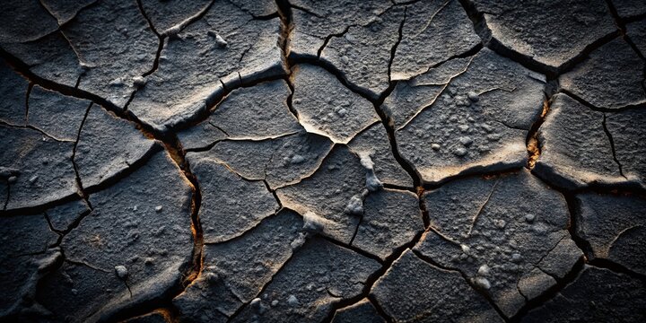 Arid landscape with a close-up of cracked earth, highlighting the intricate network of fissures and the rough texture of the parched surface