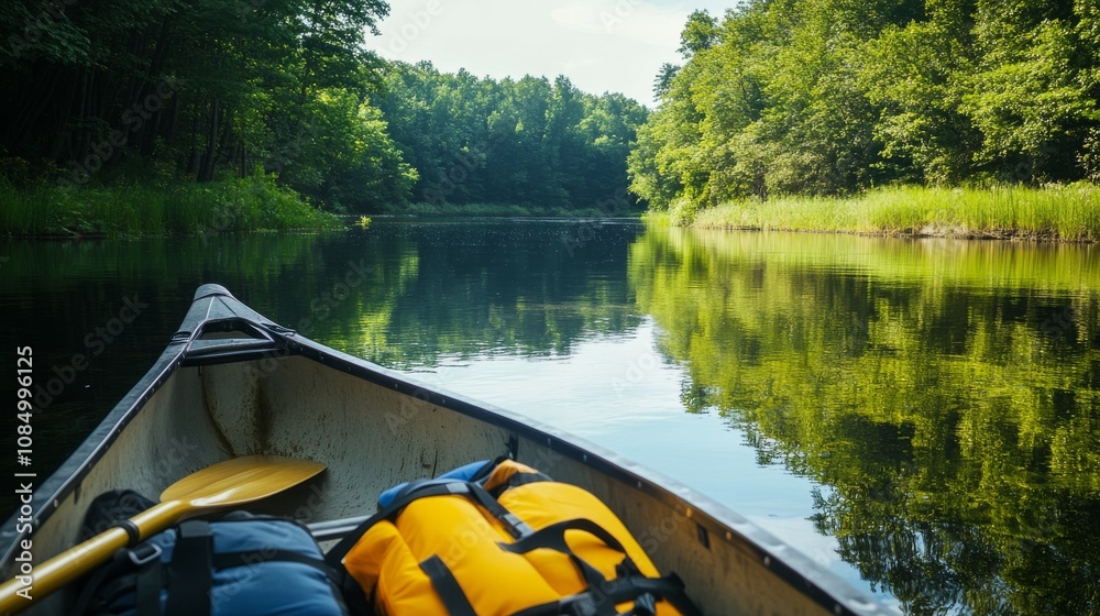 Poster a serene canoeing launch spot with paddles and life jackets neatly arranged by a calm river, a peace