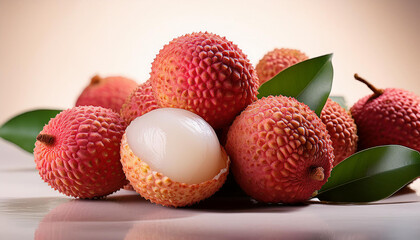 Fresh lychee fruit with natural color, soft studio lighting, and even exposure for a clean background product photo.
