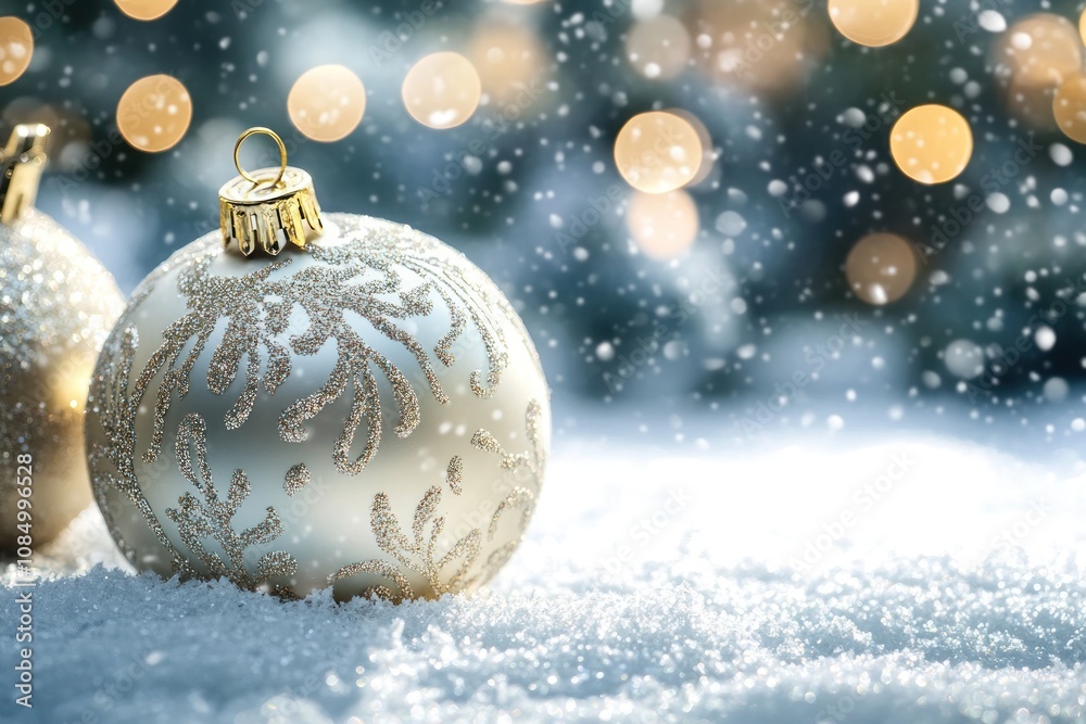 Poster a gold christmas ornament with a patterned design sits in the snow with a blurred background of chri