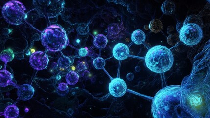 67.A highly detailed 3D illustration of a complex molecular structure, with vibrant atoms connected by sleek bonds floating in a dark, futuristic environment. The molecules glow in various shades of
